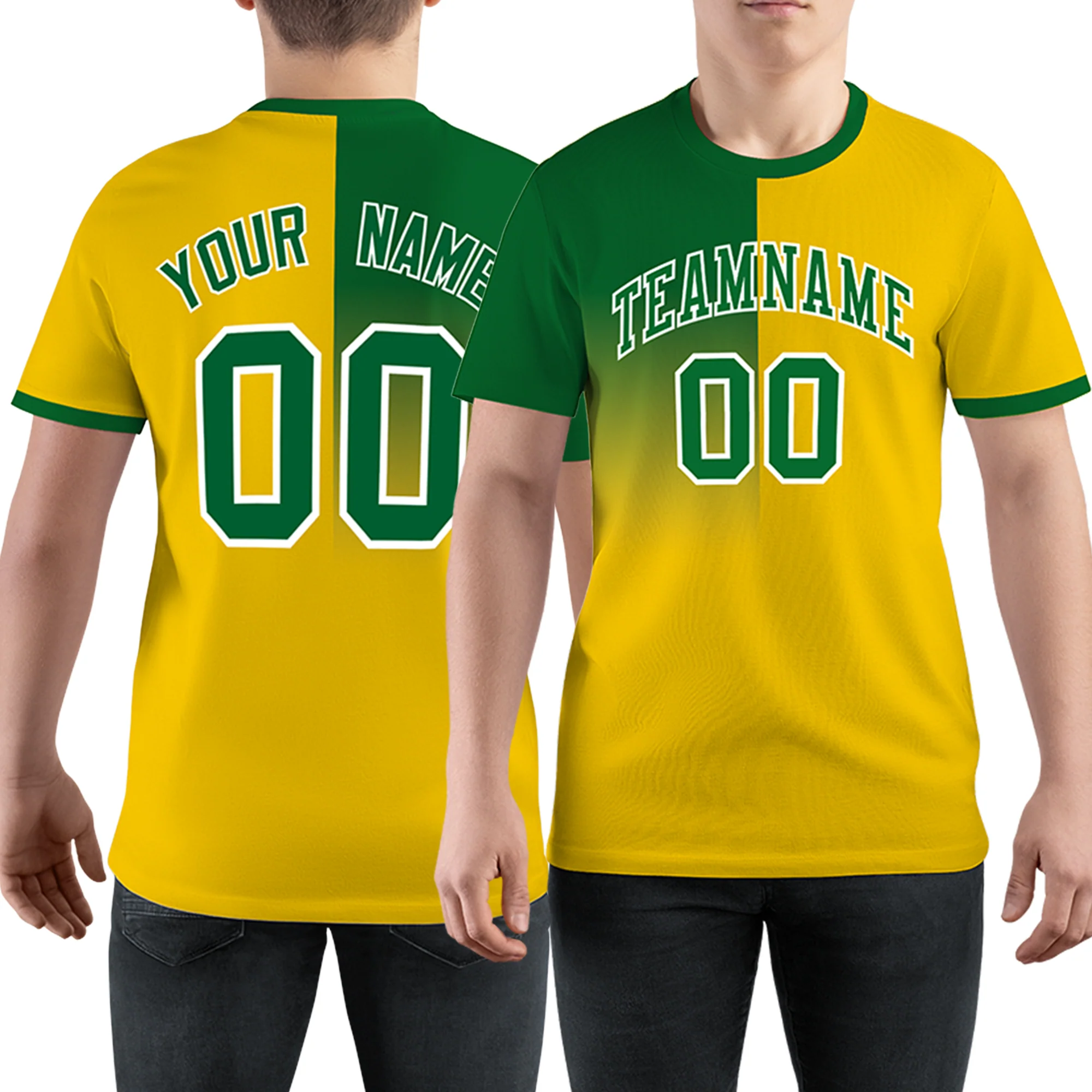 Custom Kelly Green Gold-1 Crew neck Split Design T-Shirts