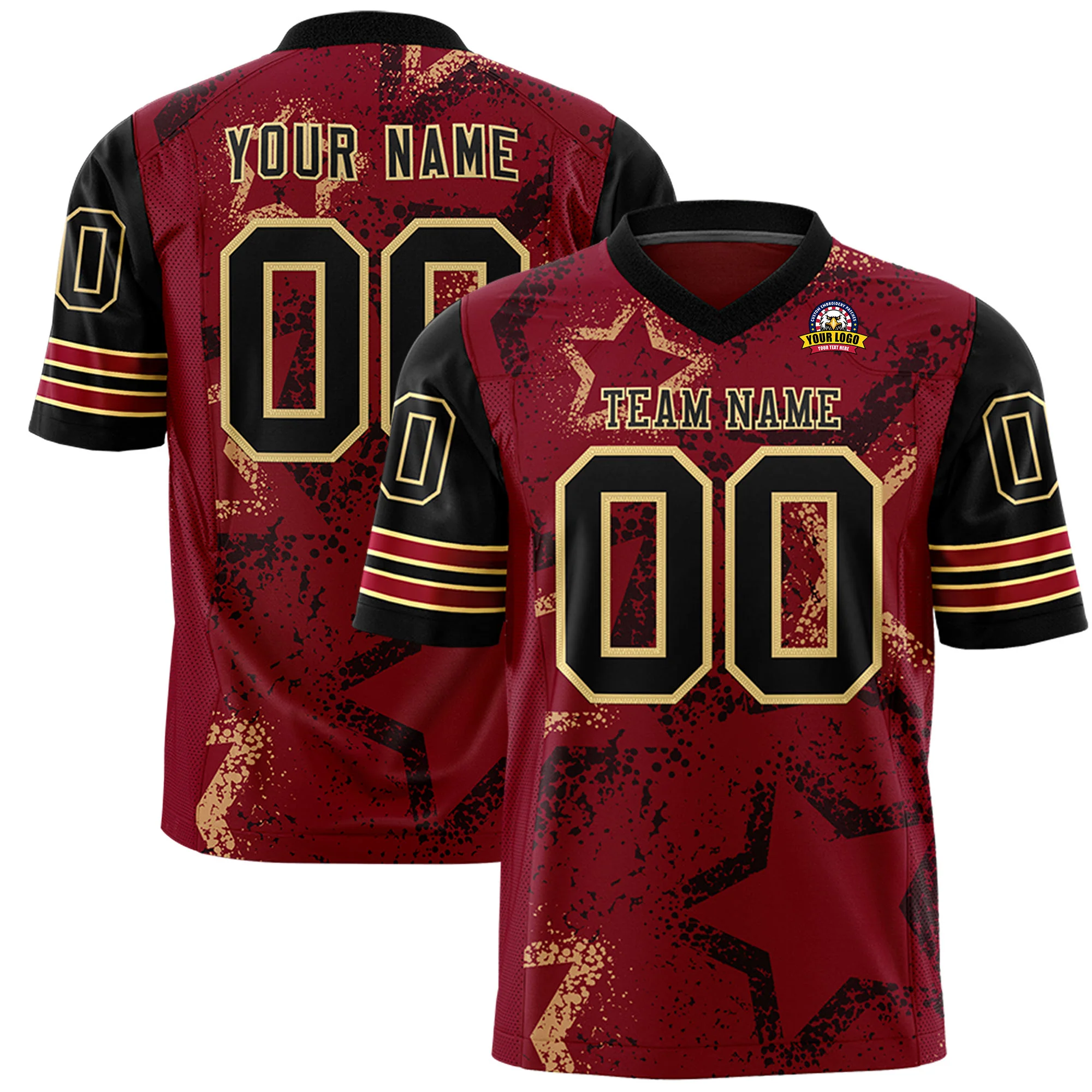 Custom Crimson Black-Khaki Mesh Star Football Jersey