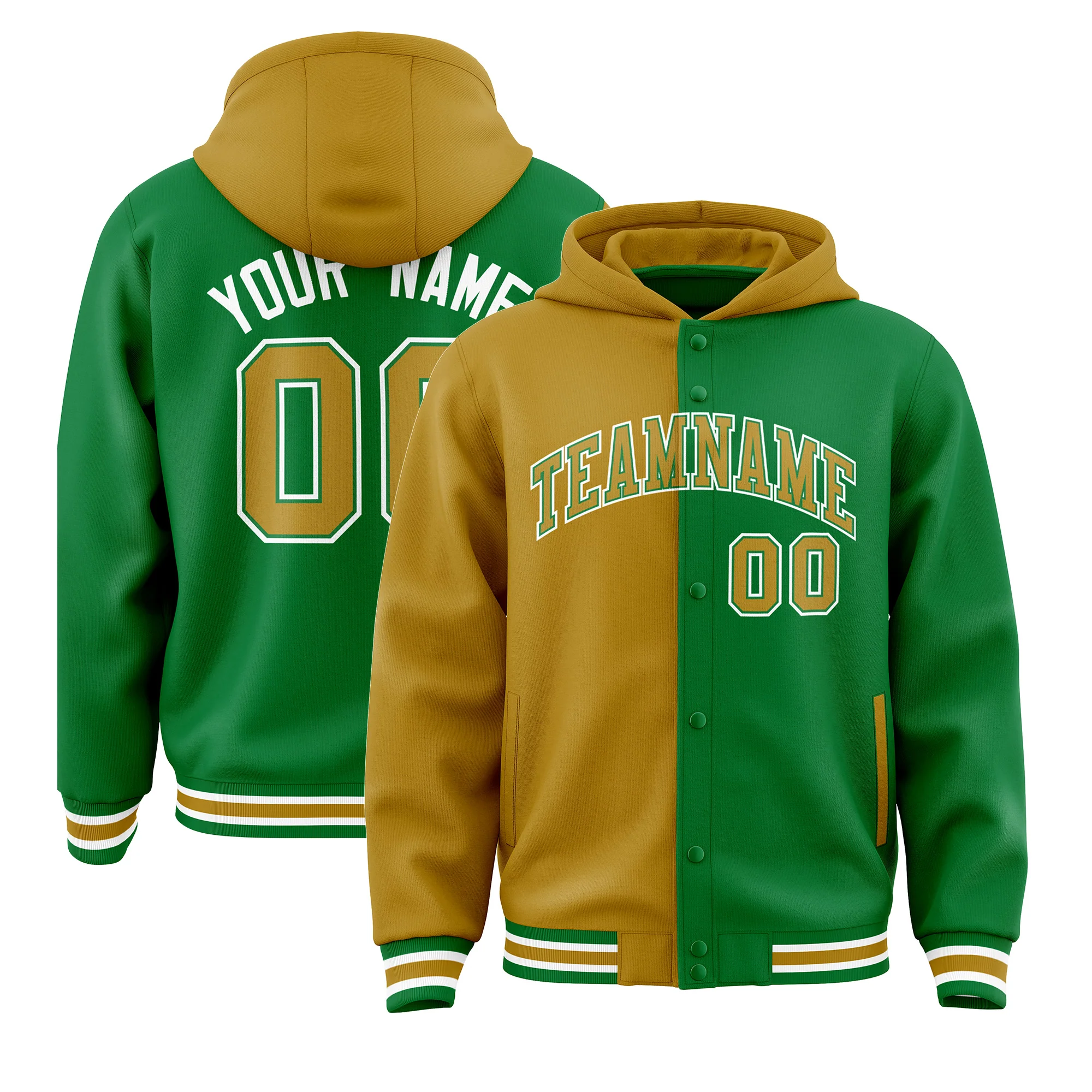 Custom Gold Kelly Green Split Fashion Varsity Full-Snap Letterman Two Tone Hoodie Jacket
